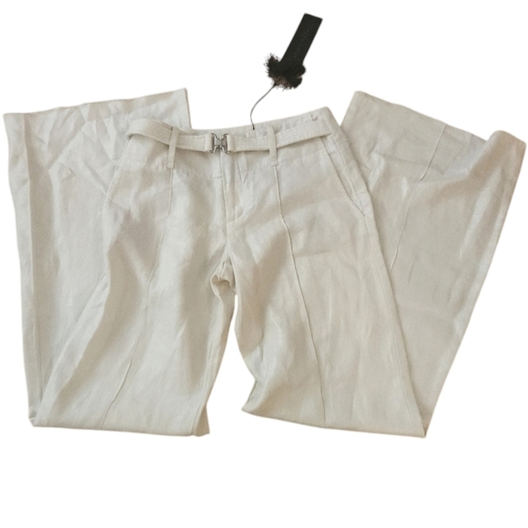 Black Halo Off White Linen Pants W/ Silvery threading Built In Belt Gorgeous 6 - Picture 4 of 5